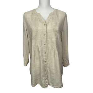 Coldwater Creek Women’s Button Blouse Sz Medium Beige Color 100% Linen V-neck LS